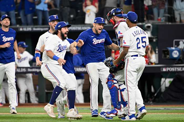 The Texas Rangers celebrate after sweeping the Baltimore Orioles in Game 3 of the ALDS Tuesday night at Globe Life Field.